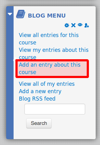 Edited screenshot showing link to add blog entry in Moodle