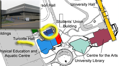 Small map of campus with inset of Turcotte Hall
                        looking towards      South-West.