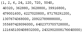 {1, 2, 6, 24, 120, 720, 5040, 40320, 362880, 3628800, 39916800, 479001600, 6227020800, 87178 ... 000, 20922789888000, 355687428096000, 6402373705728000, 121645100408832000, 2432902008176640000}