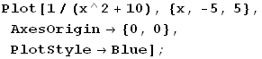 Plot[1/(x^2 + 10), {x, -5, 5}, AxesOrigin {0, 0}, PlotStyleBlue] ;