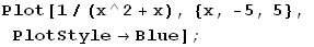 Plot[1/(x^2 + x), {x, -5, 5}, PlotStyleBlue] ;