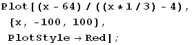 Plot[(x - 64)/((x * 1/3) - 4), {x, -100, 100}, PlotStyleRed] ;