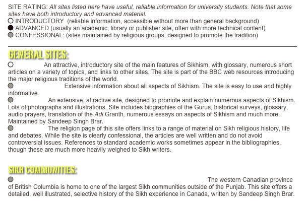 SITE RATING: All sites listed here have useful, reliable information for university students. Note that some sites have both introductory and advanced material. ￼ INTRODUCTORY  (reliable information, accessible without more than general background)    ￼ ADVANCED (usually an academic, library or publisher site, often with more technical content)       ￼ CONFESSIONAL: (sites maintained by religious groups, designed to promote the tradition)

￼
GENERAL SITES: ￼  Sikhism: An attractive, introductory site of the main features of Sikhism, with glossary, numerous short articles on a variety of topics, and links to other sites. The site is part of the BBC web resources introducing the major religious traditions of the world.
￼  All about Sikhs: Extensive information about all aspects of Sikhism. The site is easy to use and highly informative. 
￼  Sikhs.org: An extensive, attractive site, designed to promote and explain numerous aspects of Sikhism. Lots of photographs and illustrations. Site includes biographies of the Gurus, historical surveys, glossary, audio prayers, translation of the Adi Granth, numerous essays on aspects of Sikhism and much more. Maintained by Sandeep Singh Brar.
￼  Sikhpoint: The religion page of this site offers links to a range of material on Sikh religious history, life and debates. While the site is clearly confessional, the articles are well written and do not avoid controversial issues. References to standard academic works sometimes appear in the bibliographies, though these are much more heavily weighed to Sikh writers.
sikh communities: ￼  Century of Struggle and Success: The Sikh Canadian Experience: The western Canadian province of British Columbia is home to one of the largest Sikh communities outside of the Punjab. This site offers a detailed, well illustrated, selective history of the Sikh experience in Canada, written by Sandeep Singh Brar. 